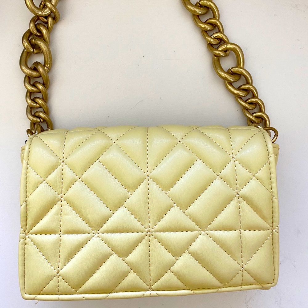 Zara | pastel yellow shoulder bag w/ cross stitching + metal chain shoulder bag